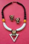 Vintage Enameled Tiger Head Necklace & Earring Set