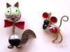Sculptural Figural Bow-Tie Cat & Mouse Pin Duo