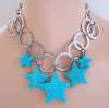 French Turquoise Plastic Star & Silvertone Rings Necklace