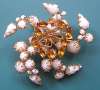 Sculptural Milk Glass & Topaz Rhinestone Brooch