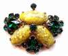 Yellow Art Glass Cab & Green Rhinestones Brooch