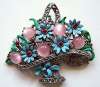 1940's Enamel & Pink Cabochon Flower Basket Pin