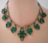 Czech Emerald Green Glass, Enamel & Brass Necklace