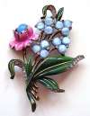 1940's Enamel Pink Flower Pin w/ Blue Glass Moonstones