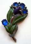 1940's Vintage Enameled Blue Flower & Green Leaves Pin