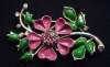 Enameled Pink Flower & Green Leaves Pin