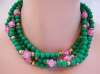 Gay Boyer Green & Pink Glass Bead Necklace & Earring Set