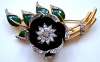 Reja? Enameled Black & Rhinestone Floral Brooch