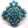 Vintage Domed Opaque Turquoise Glass & Rhinestone Brooch