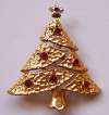 Vintage Christmas Tree Pin ~ Goldtone w/ Red Rhinestones