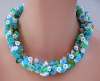 Glass Flowers Necklace ~ Blue, White & Green Czech Beads