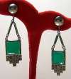 Art Deco Chrysoprase Glass, Marcasite & Chrome Drop Earrings