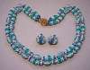 Vintage Blue Plastic Floral Bead Necklace & Earring Set