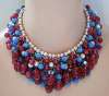 French Glass Beaded Bib Necklace ~ Raspberry, Blue & Faux Pearl