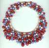 French Glass Beaded Bib Necklace ~ Raspberry, Blue & Faux Pearl