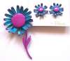Pakula 1960s Fuschia Pink & Blue Flower Power Brooch & Earring Set