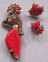 Ceramic Native Asian or Blackamoor Dancer Pin & Earring Set
