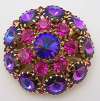 Purple Rivoli & Pink Glass Brooch ~ Antiqued Goldtone Setting