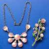 1940s Pink Moonglow Necklace & Enameled Flower Pin