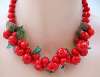 Vintage Red Glass Bead Berries & Green Leaves Necklace