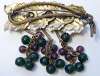 Vintage Brass & Glass Grape Leaves Brooch