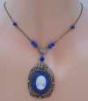Antique Blue & White Glass Cameo Necklace ~ Silver Filigree