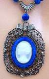 Antique Blue & White Glass Cameo Necklace ~ Silver Filigree