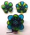 Lucite Resin Blue/Green Flower Pin & Earring Set